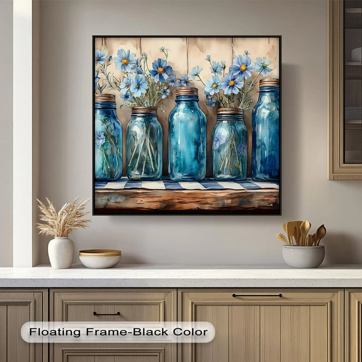 Vintage Blue Mason Jars with Wildflowers – Farmhouse Kitchen Canvas Art - MyPhotoStation