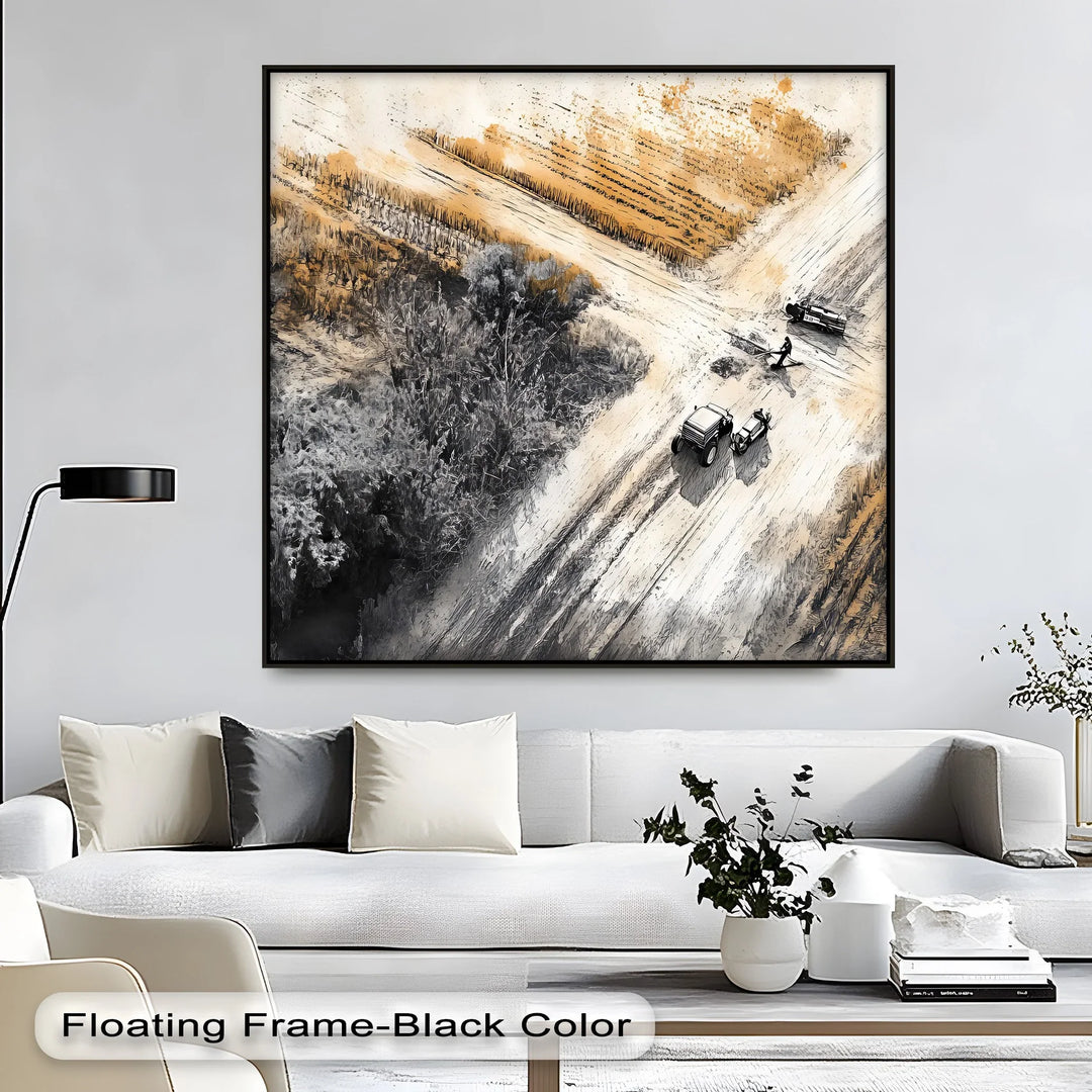 Aerial Tractor Scene in Ink & Ochre – Car Canvas Print