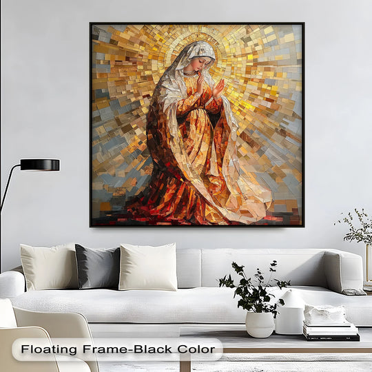 Geometric composition showcasing a Virgin Mary in mosaic style, a radiant canvas painting with light effects created by many small geometric shapes.