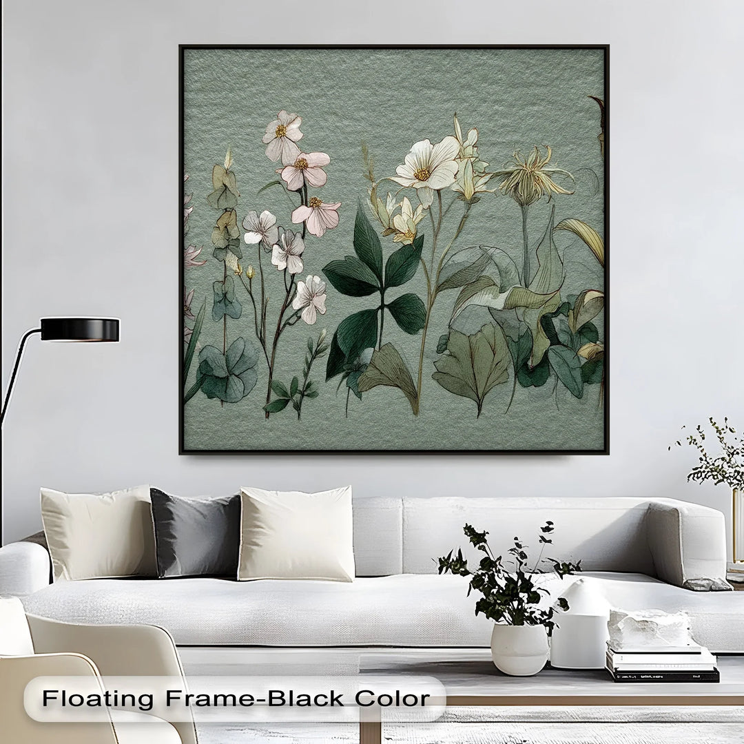 Minimalist nature canvas print with botanical sketches and muted colors

