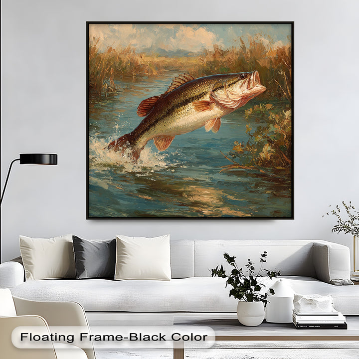 Foreground showcases a striking jumping bass fishing hanging canvas, capturing the wildlife canvas wall art with vivid details of the splashing water.