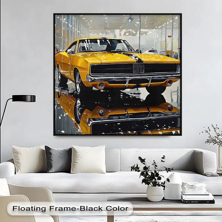 Classic Yellow Dodge Charger in Showroom – Car Canvas Print