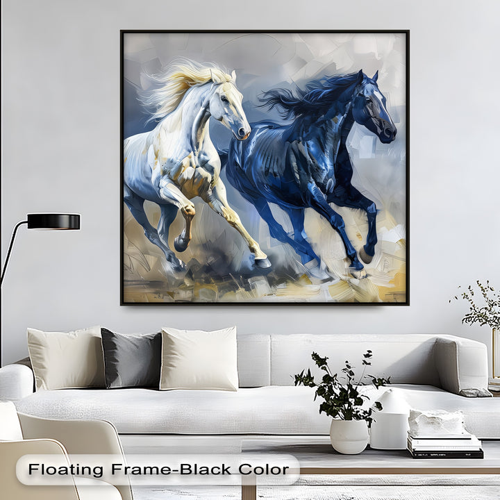 Celestial Gallop – Blue and White Abstract Horse Canvas Print