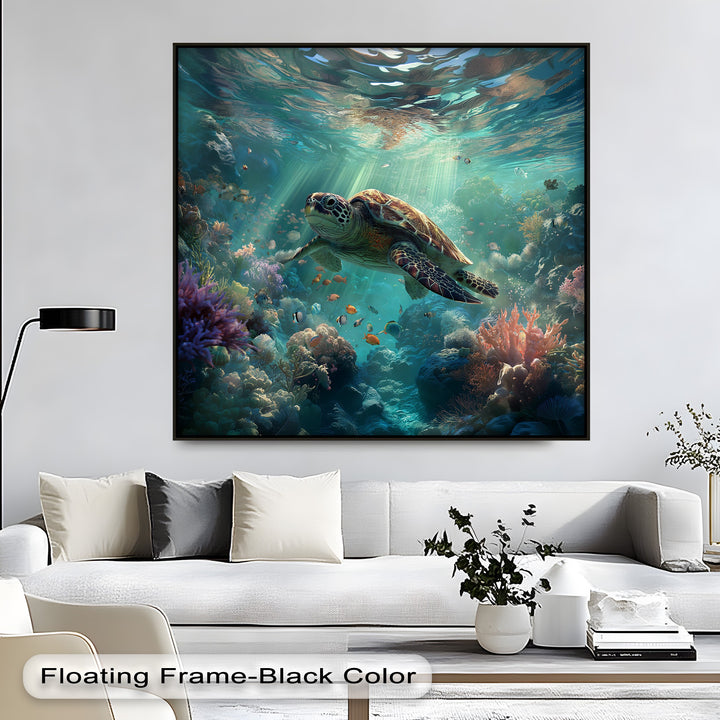 The abstract quality of sunlit water, vibrant coral, and the sea turtle's patterns define this unique canvas print's deep aquatic allure.