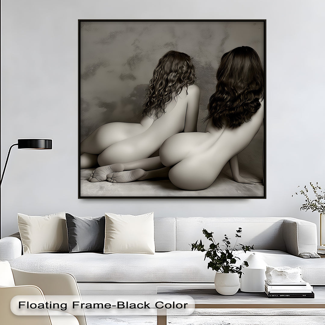 Sepia Reverie – Erotic Canvas Print with Two Nudes | Horizontal Wall Art