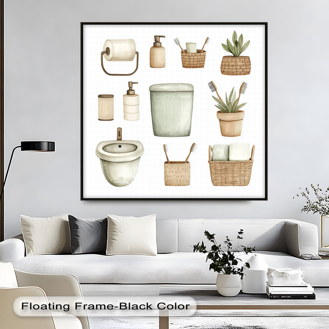 Ideal for modern bathrooms or powder rooms, this clean and stylish canvas print brings together natural textures and soft watercolor aesthetics.

