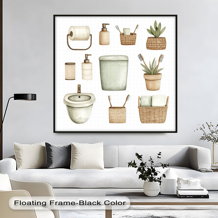 Ideal for modern bathrooms or powder rooms, this clean and stylish canvas print brings together natural textures and soft watercolor aesthetics.

