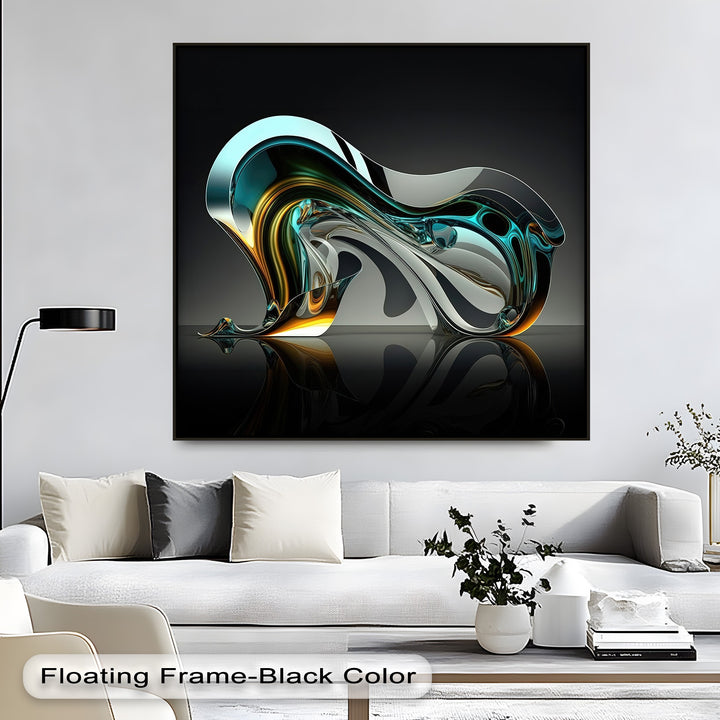 A seamless transition of aqua, gold, and dark hues forms a liquid, abstract design on this stunning big canvas print.