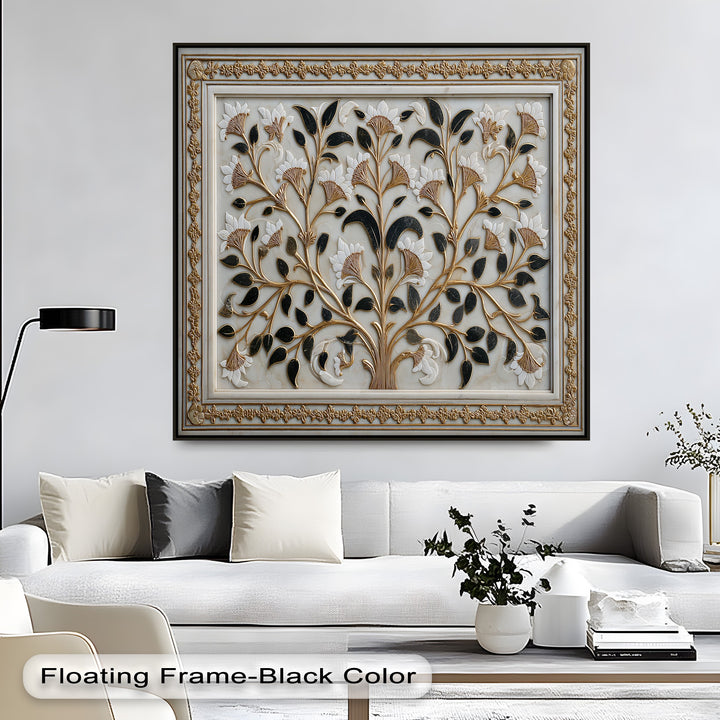 Outstanding material quality defines this gold botanical canvas art print, revealing intricate flower details in rich gold, black, and white.