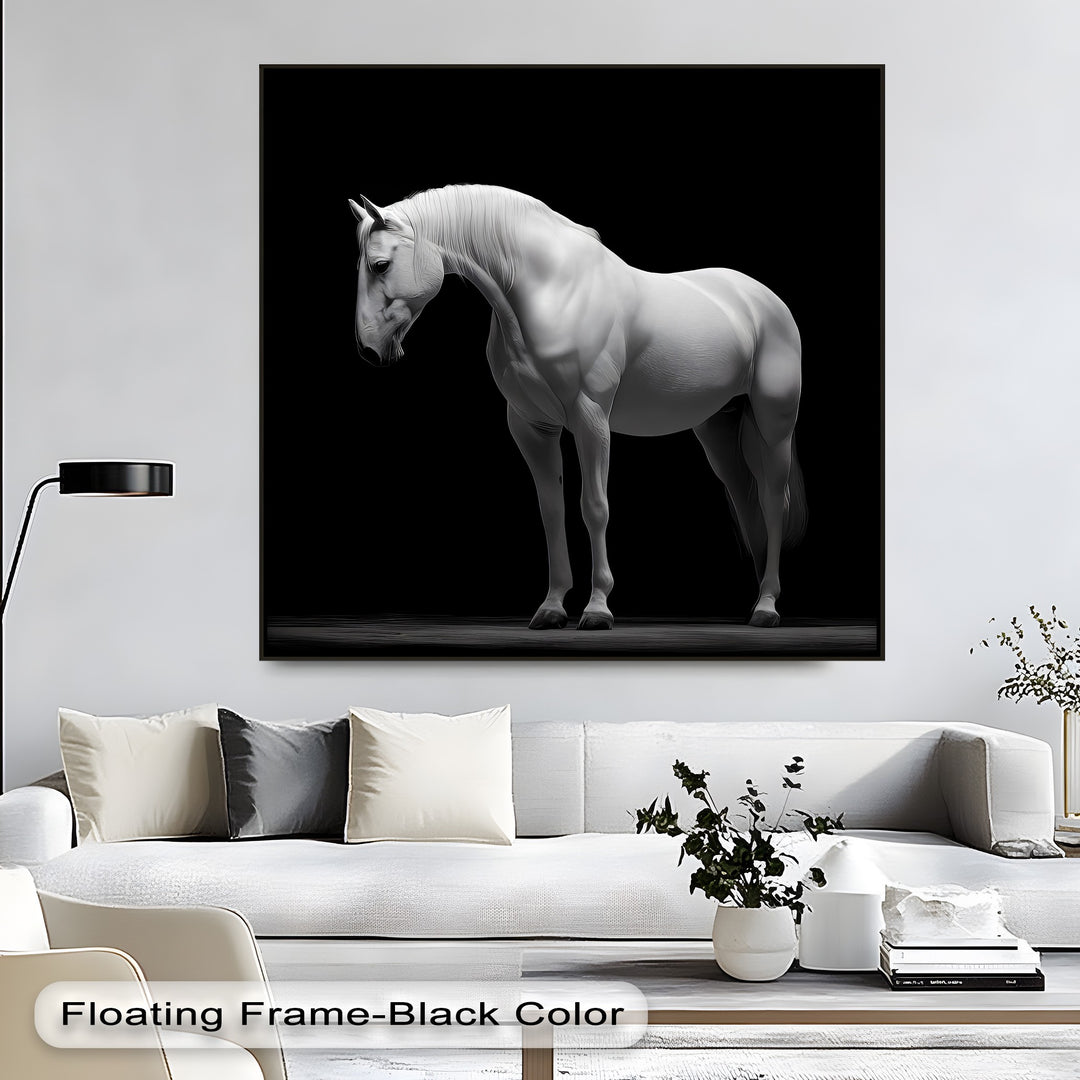 White Horse on Black Background Minimalist - Horse Canvas Print