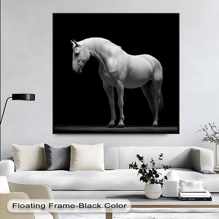 White Horse on Black Background Minimalist - Horse Canvas Print