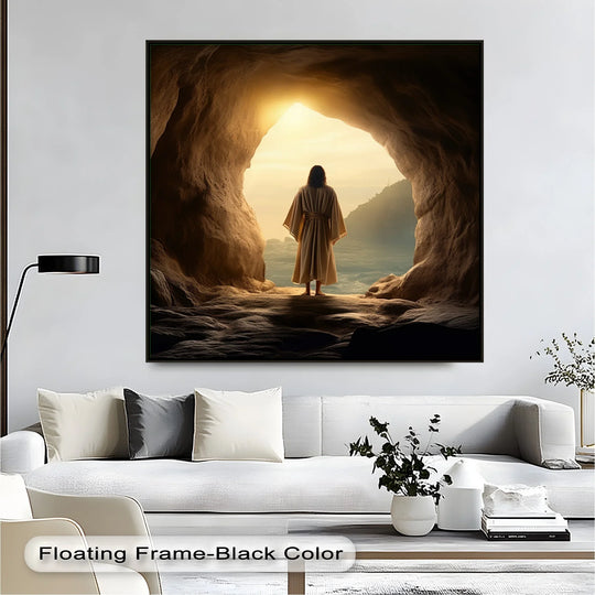 The framed canvas print captures the flowing movement of light as Jesus emerges from the darkness of the tomb, symbolizing resurrection and hope.