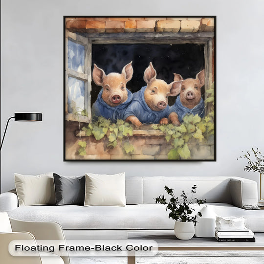 Playful mood captured in this animal canvas artwork, showcasing three whimsical piglets peering from a window in a charming canvas print.