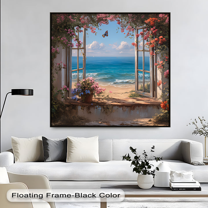 Blossoms by the Sea – Open Window Beach View Canvas Print