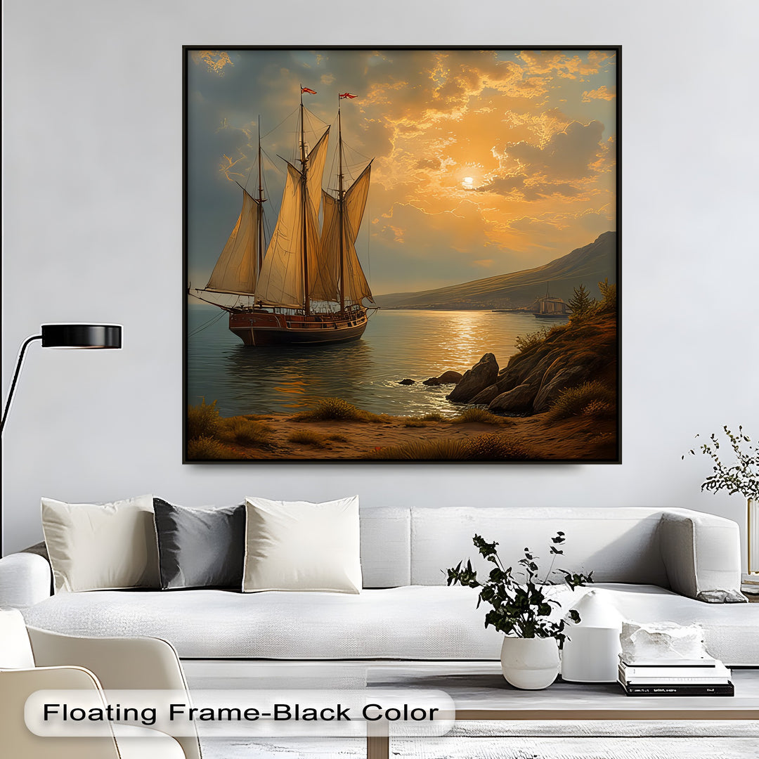 Golden Horizon Voyage – Sailing Ship Sunset Canvas Wall Art | Framed Art