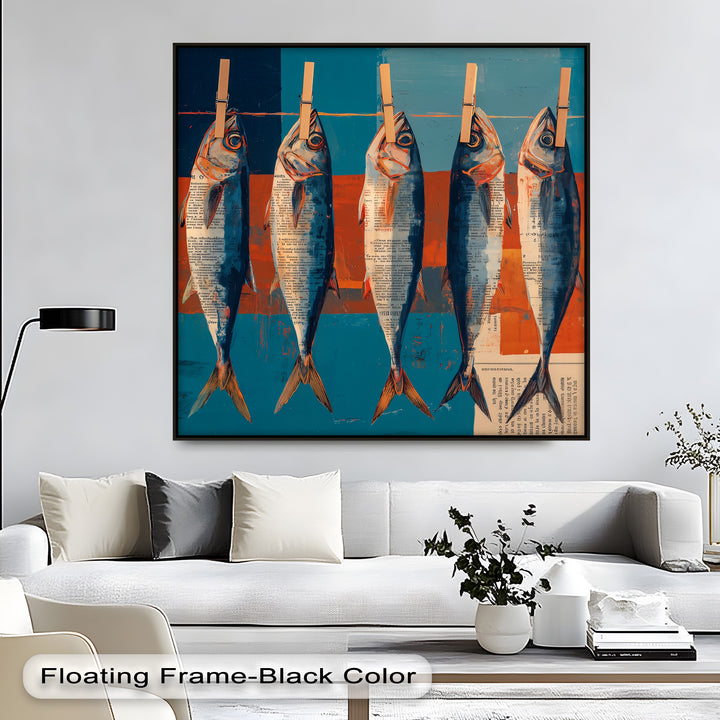 Bold color contrast defines this modern hanging fish canvas artwork, a coastal kitchen wall art piece featuring blues and oranges against the collage-style print.
