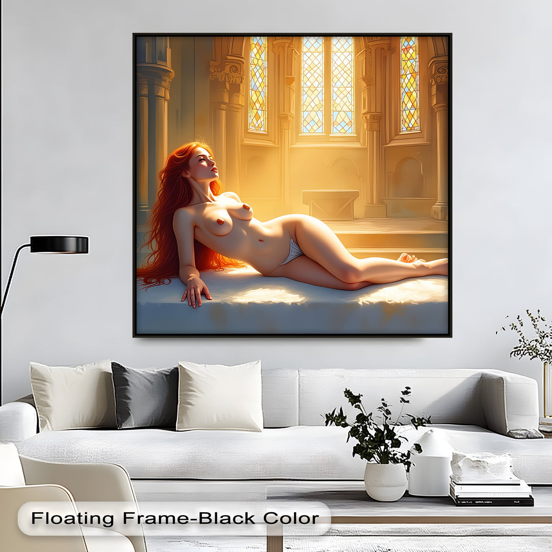 Nude Goddess in Sunlit Cathedral - Erotic Canvas Print | Framed Art