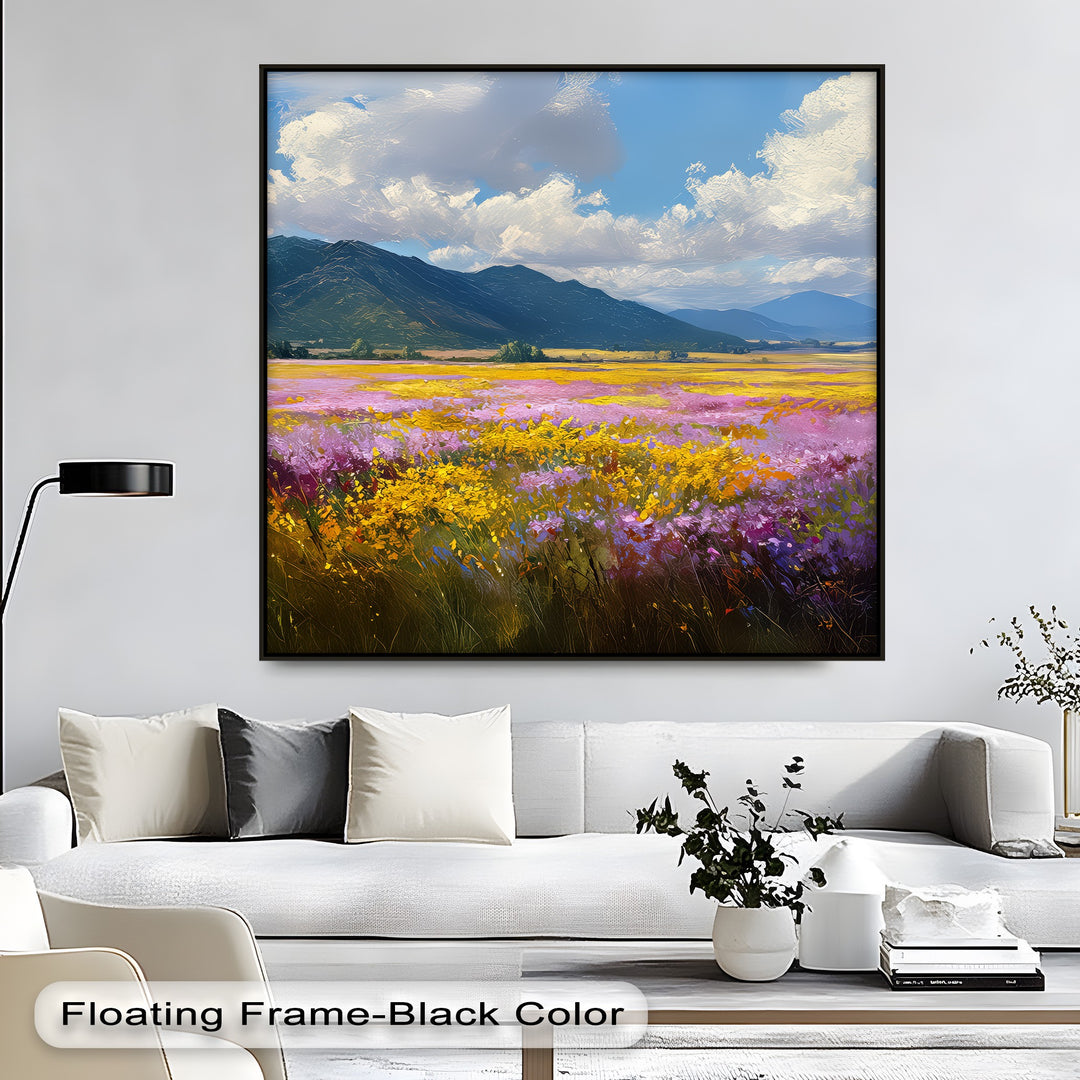 Valley Bloom – Wildflower Field and Mountain Landscape Canvas Print