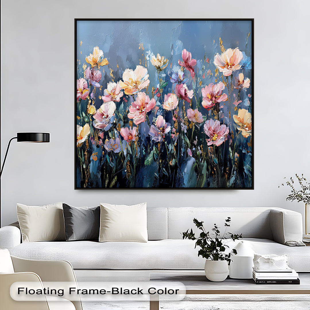 Twilight Bloom – Elegant Garden Flowers on Blue Canvas Print