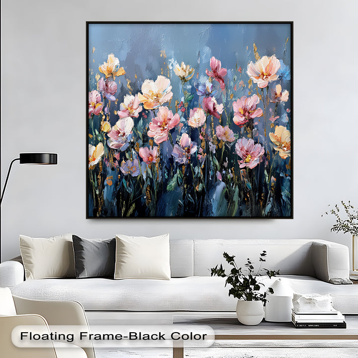 Twilight Bloom – Elegant Garden Flowers on Blue Canvas Print