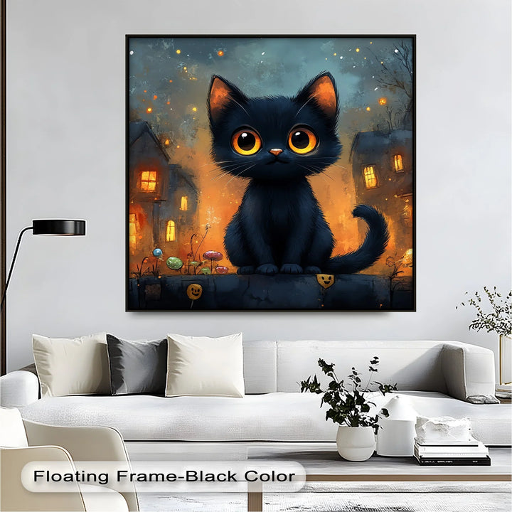 Big-Eyed Black Kitten in a Halloween Town - Cat Canvas Print - MyPhotoStation