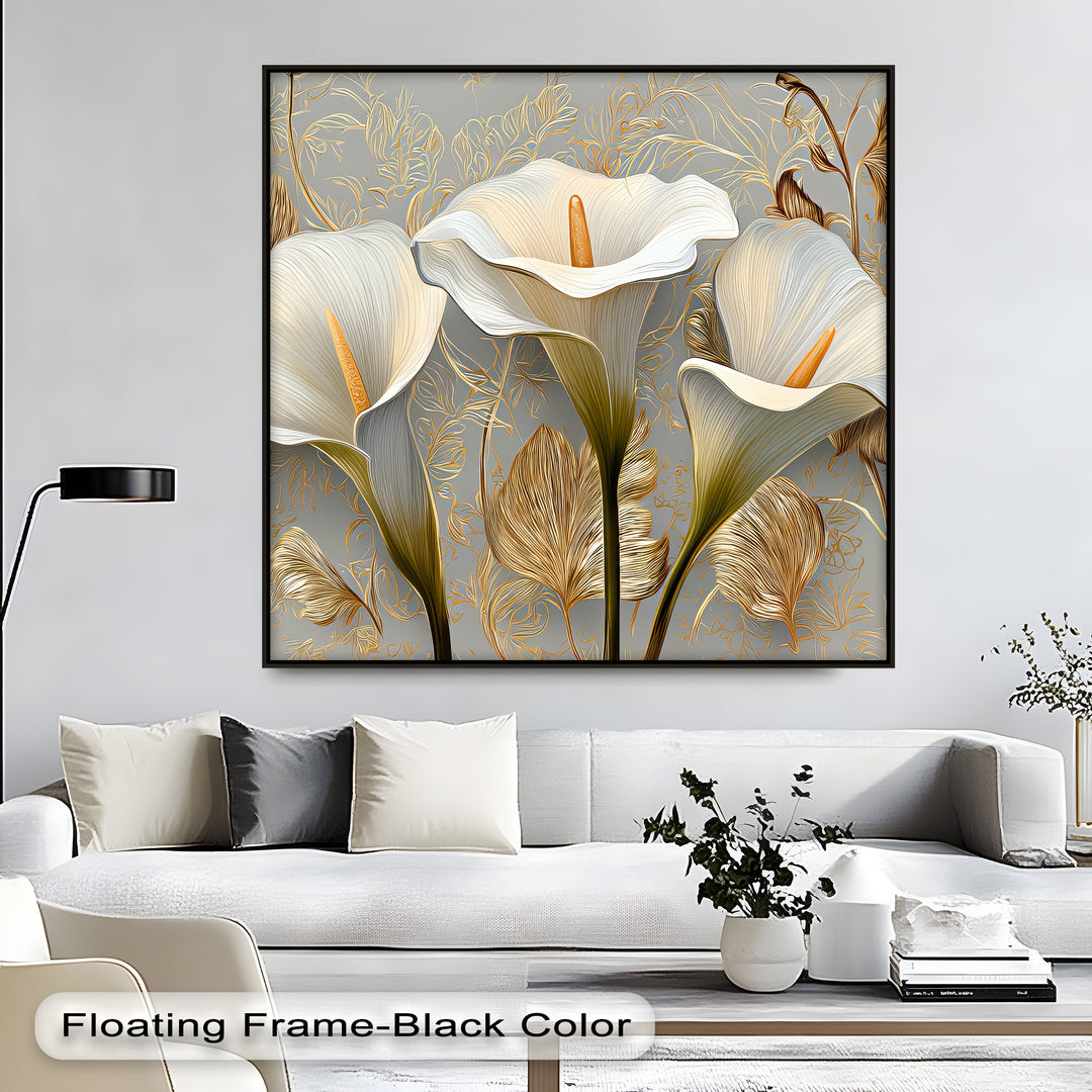 Golden Elegance – White Calla Lilies on Grey Floral Canvas Print
