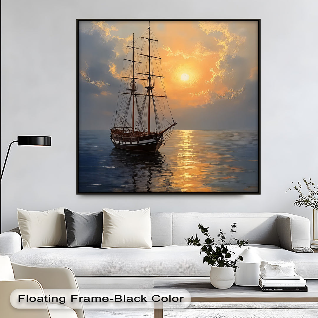 Golden Horizon Voyage – Sailing Ship Sunset Canvas Wall Art | Canvas Art