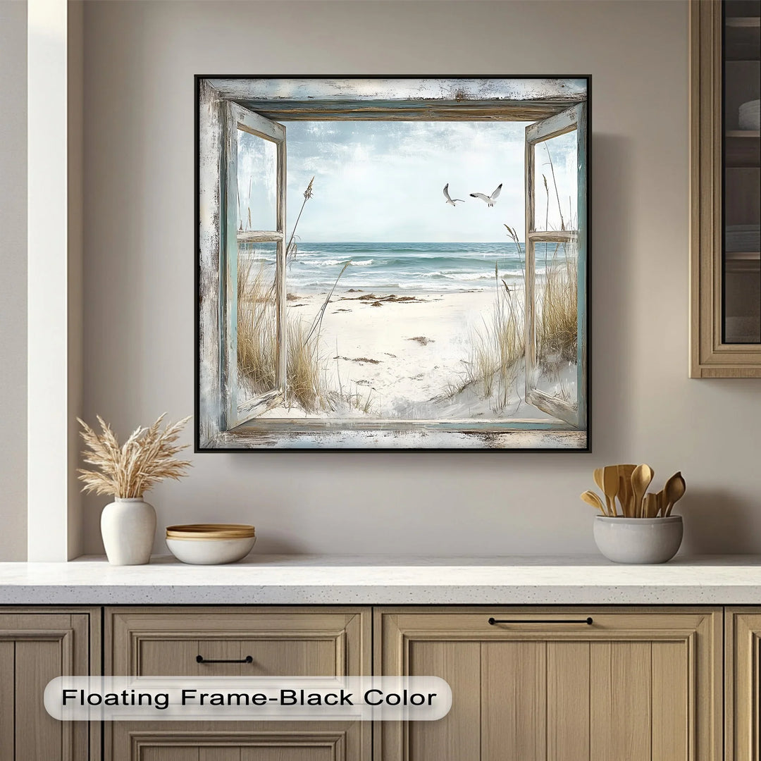 Seaside Escape Through Rustic Window – Kitchen Canvas Art - MyPhotoStation