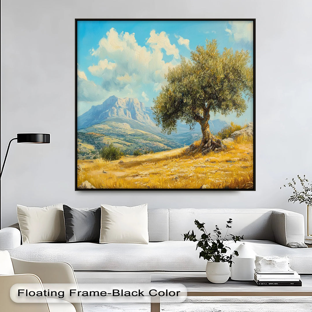 Lone Olive Tree in Golden Valley – Mediterranean Landscape Canvas Print