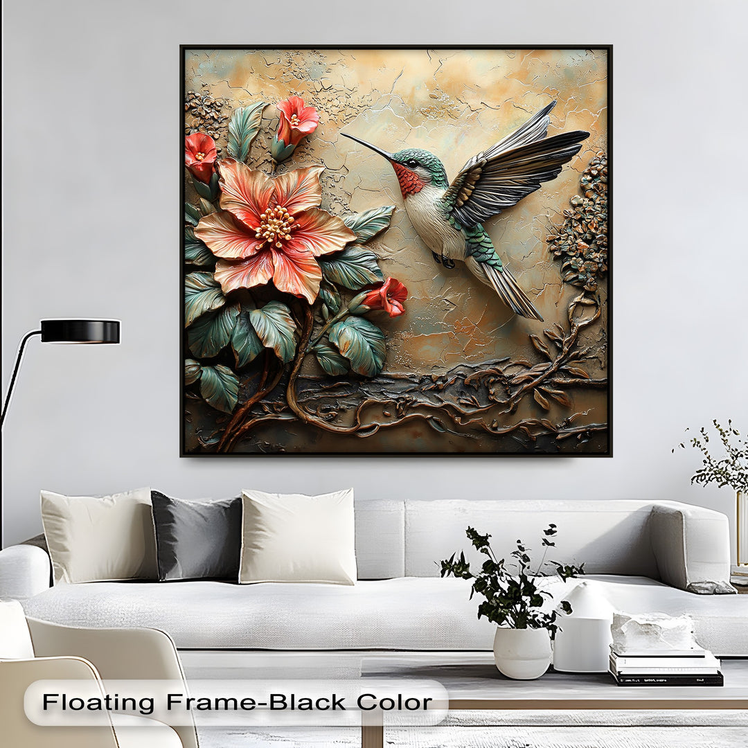 The abstract quality of this premium canvas decor features a textured background and dimensional hummingbird with vibrant 3D floral elements.