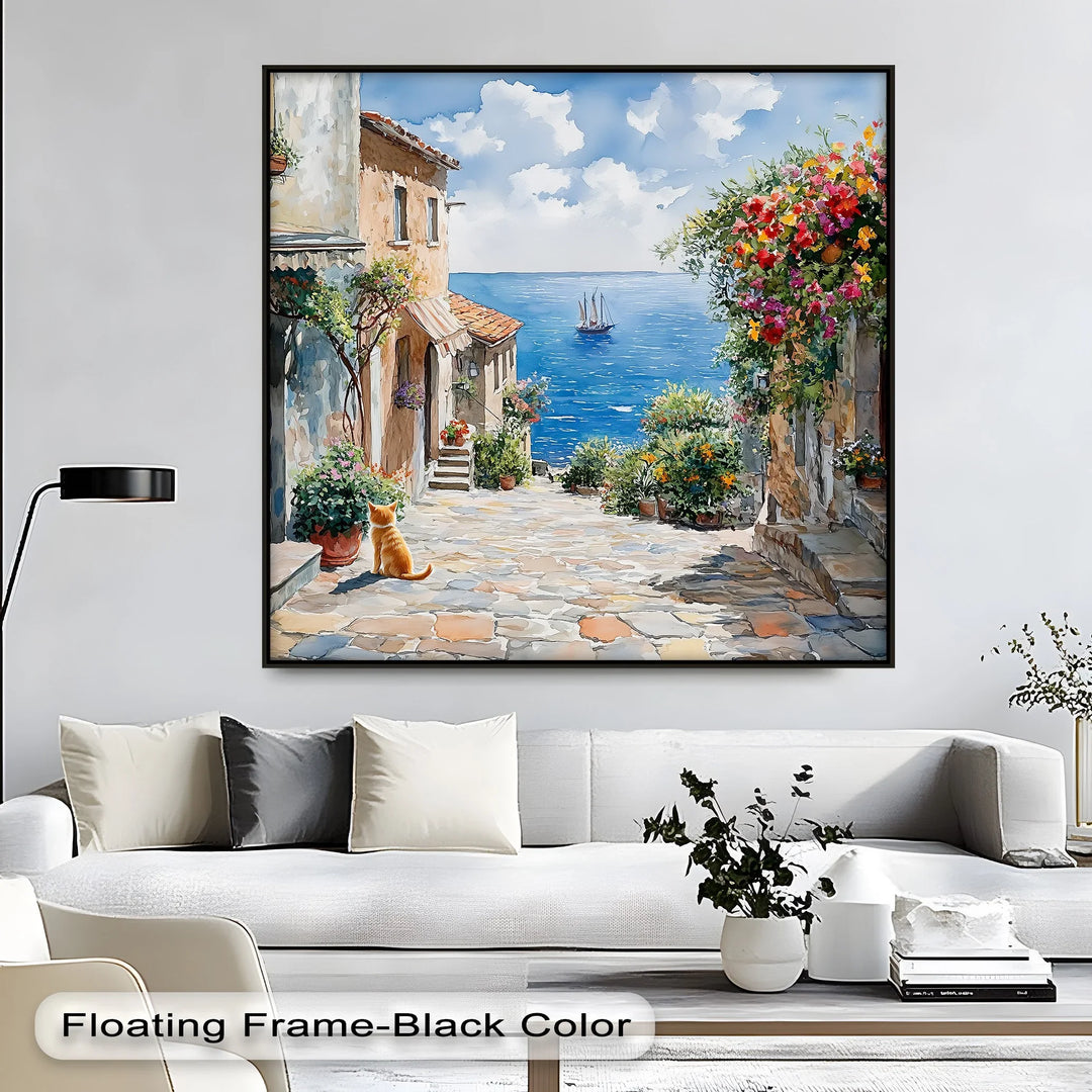Mediterranean Daydream – Seaside Street with Cat Canvas Print - MyPhotoStation
