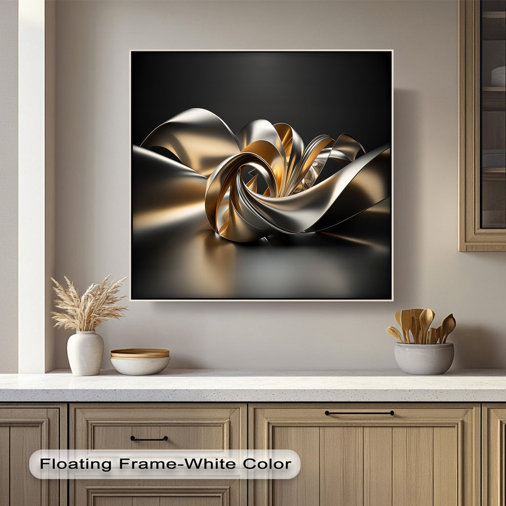 Smooth, reflective surface texture of a luxury framed canvas showcasing flowing gold and silver metallic ribbon forms with lustrous highlights.