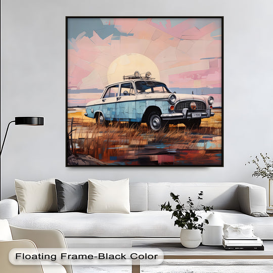 Dominating the room's décor is the Classic Sedan Under Sunset Skies big canvas prints wall art, a vivid statement piece that captures attention with its artistic flair.