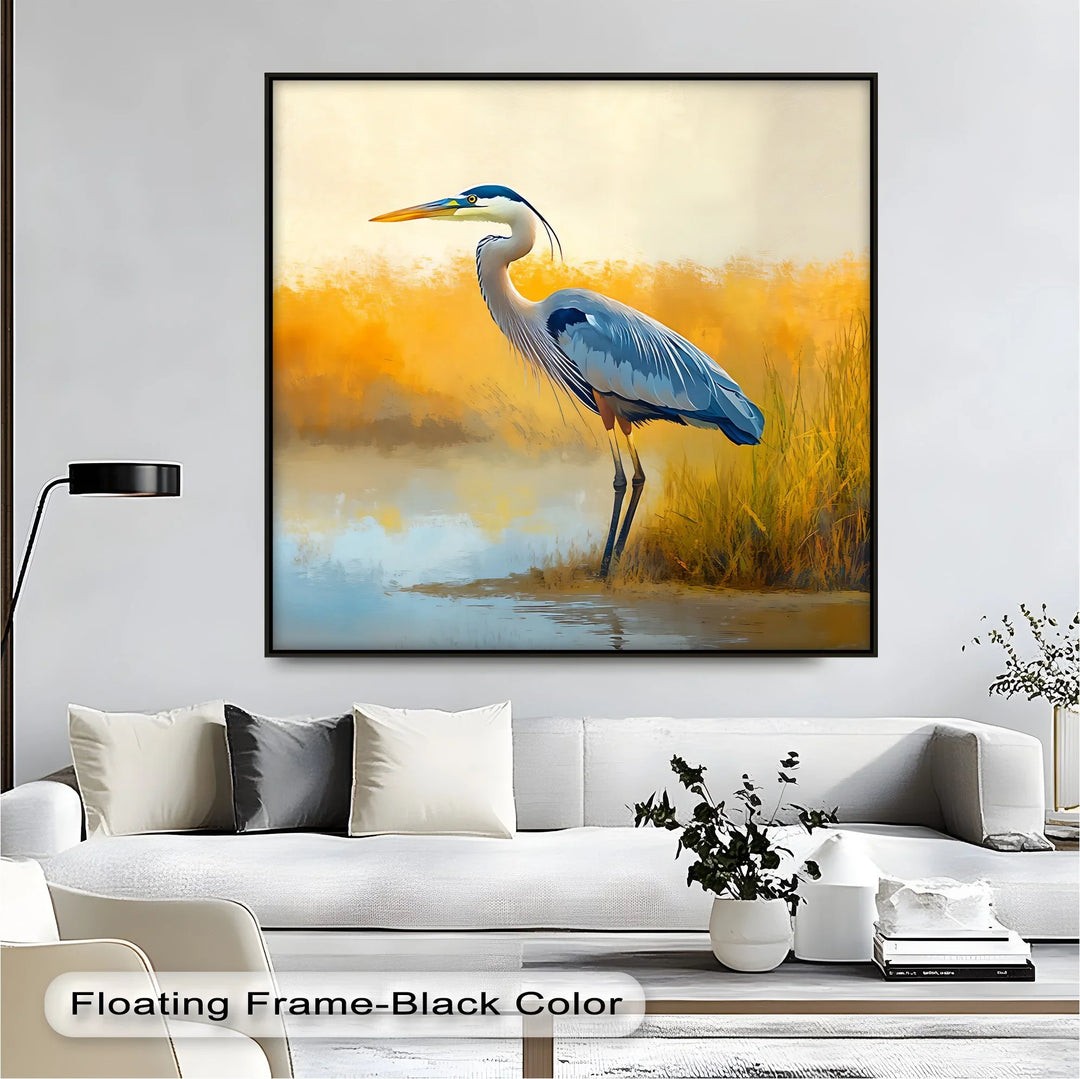 Still Waters – Majestic Heron in Misty Marshland Canvas Wall Art - MyPhotoStation