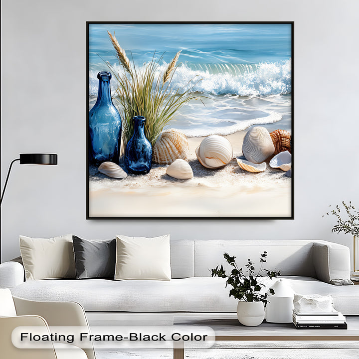 Blue Bottles and Seashells on Seashore - Canvas Print
