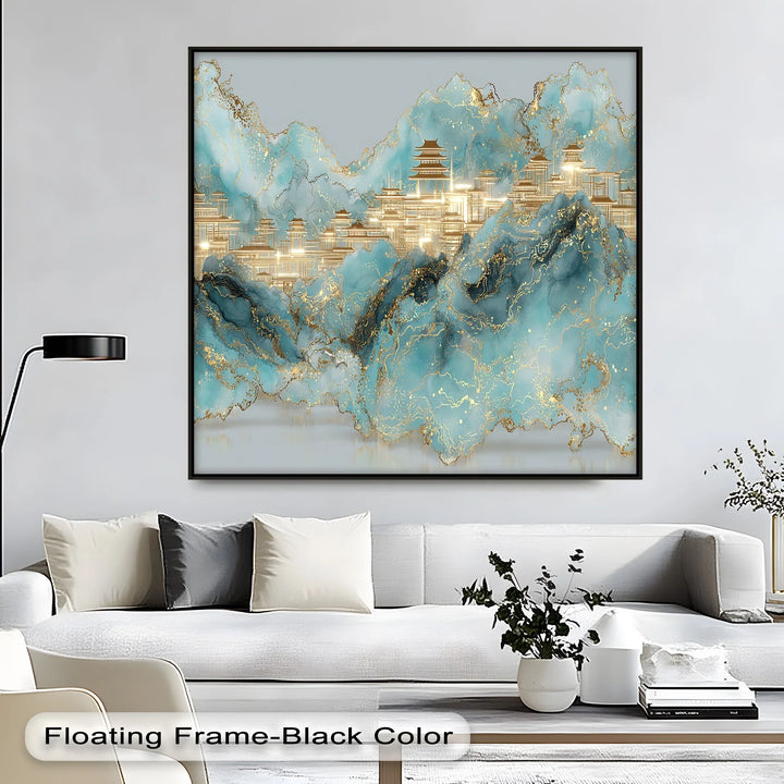 Luxury canvas print with glowing temple structures and abstract mountain design

