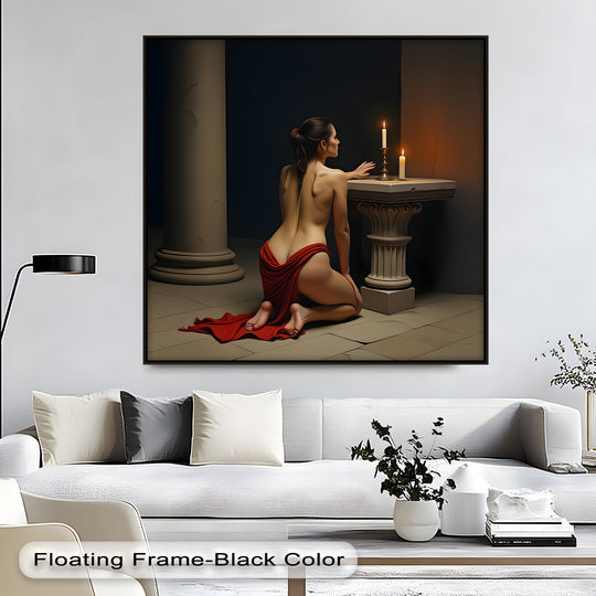 Square-oriented canvas painting shows a woman in prayer with a candle in a visually striking erotic candlelight scene, framed for a big canvas wall art presentation.