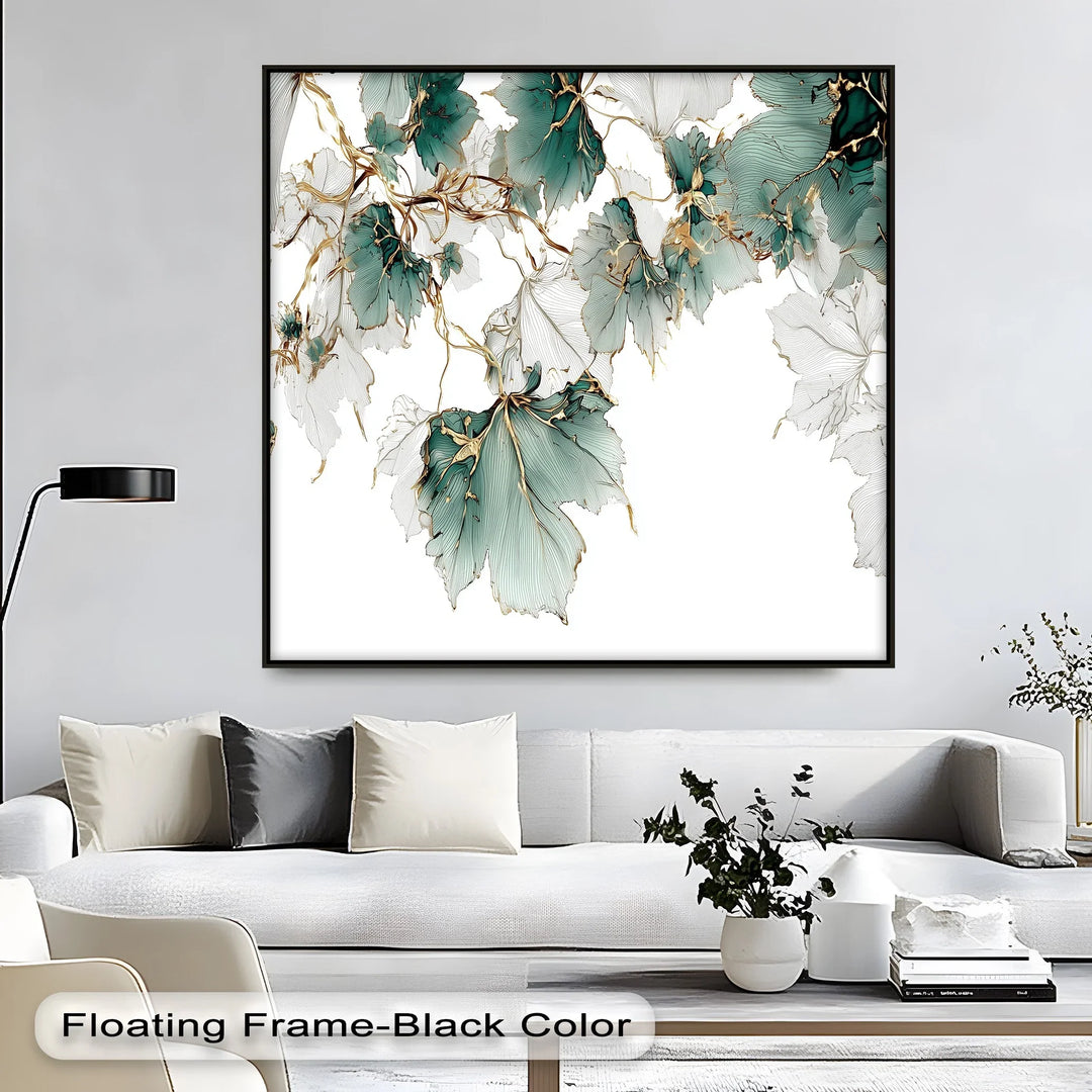 Minimalist nature inspired canvas print with abstract vine and leaf composition


