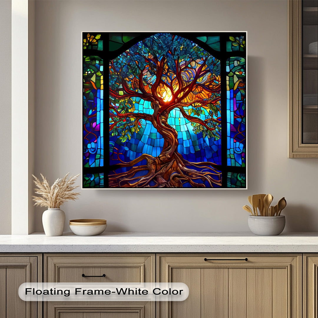 Countertop items including a vase, bowls, and utensils are in the foreground, complementing the colorful Stained Glass Tree framed canvas.