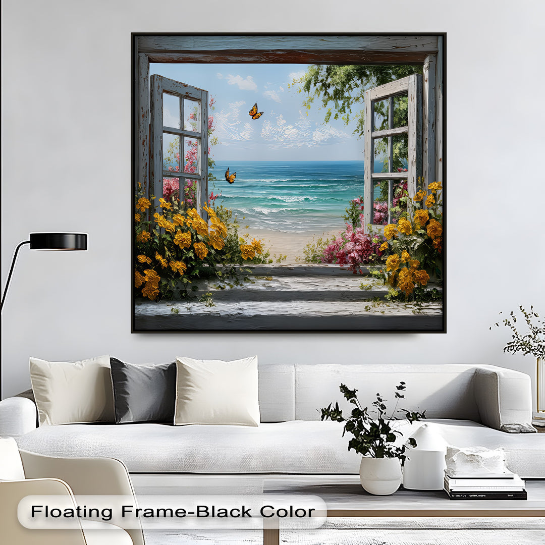 Golden Blooms & Ocean Breeze – Window View Canvas Print