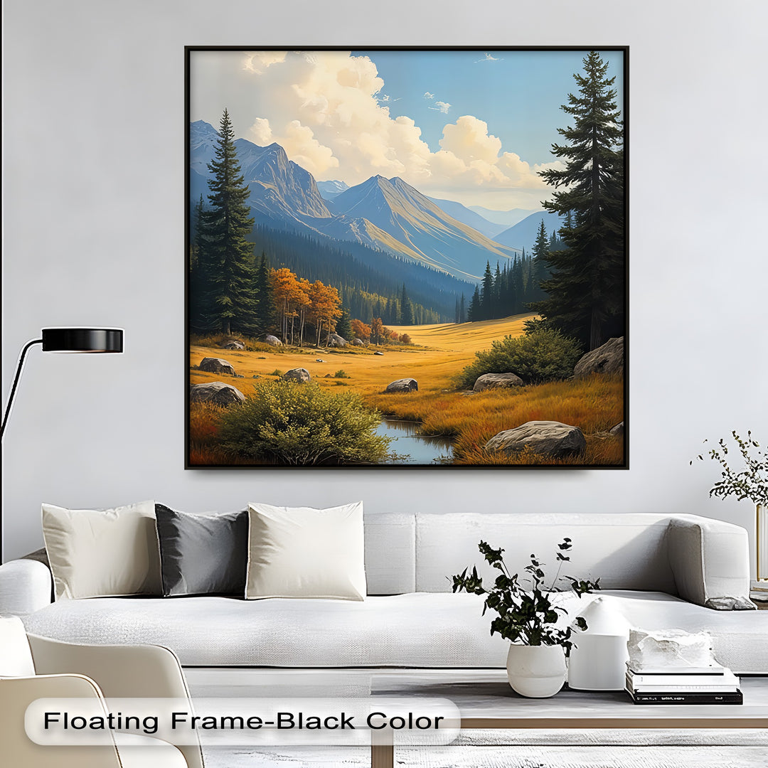 Golden Valley View – Majestic Mountain Landscape Oil Painting | Framed Art