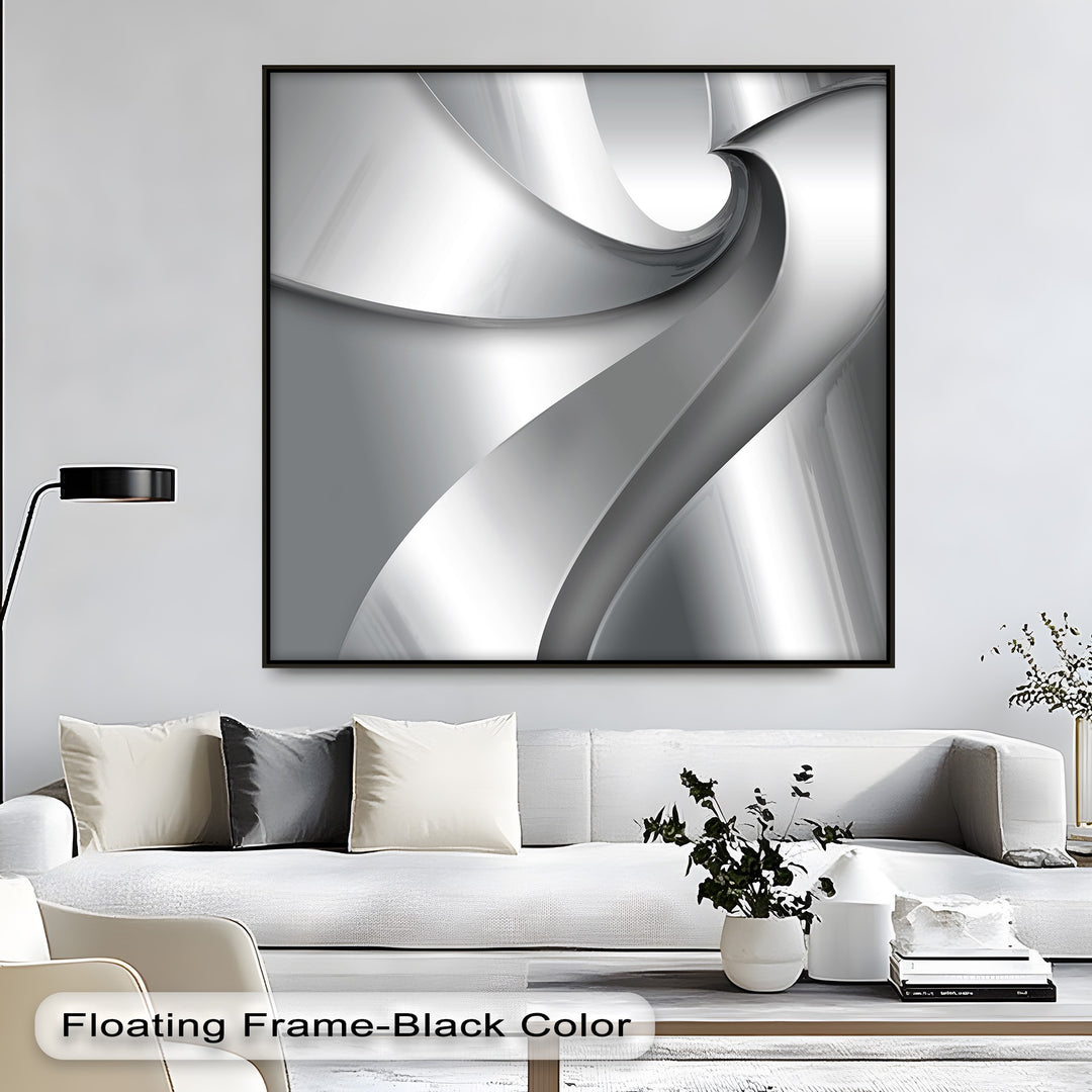The striking color contrast in this premium canvas decor highlights radiant silver and deep charcoal tones in a minimalist abstract wall art design.