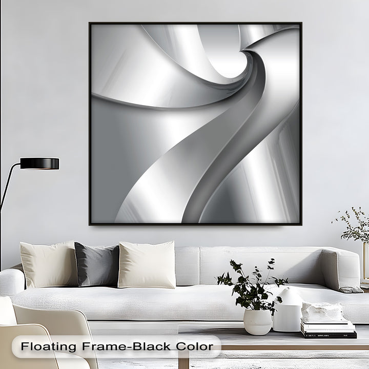 The striking color contrast in this premium canvas decor highlights radiant silver and deep charcoal tones in a minimalist abstract wall art design.
