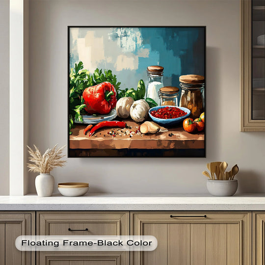 Softly blurred brushstrokes form a rustic, comforting backdrop to the colorful spice jars and veggie kitchen still life in this framed canvas art print.