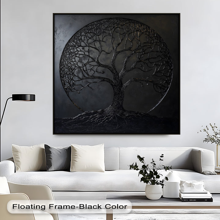 Subtle interplay of light and shadow highlights the textured black sculptural Tree of Life canvas pictures with exposed roots against a dark, moon-like background.