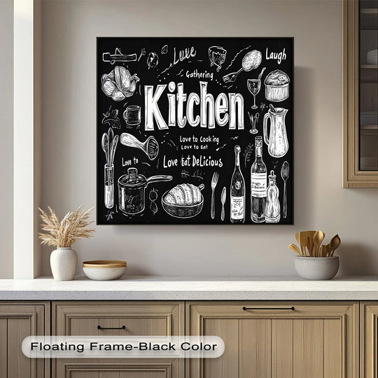 Blackboard-style kitchen big canvas prints define the space around hand-drawn food icons and 'Gather in the Kitchen' quote, creating an inviting negative space.