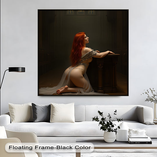 Visual rhythm is created in this framed canvas art by the stark contrast between the figure's curves and the gothic architecture behind her, resulting in dynamic bedroom artwork.