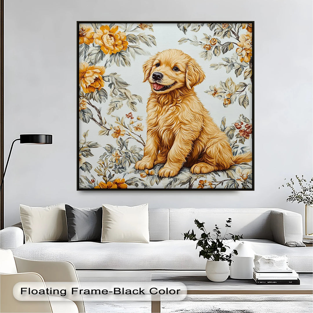 Smiling Golden Retriever Puppy with Vintage Floral Backdrop - Canvas Print - MyPhotoStation