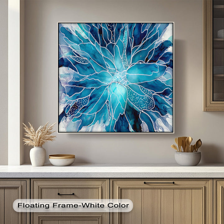 A modern kitchen foreground with a white countertop and wooden cabinetry complements the vibrant abstract blue watercolor flower best canvas prints.