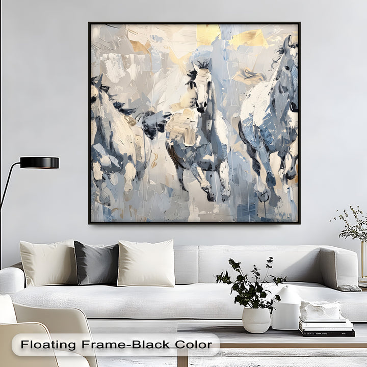 Frozen Gallop – Trio of White Horses in Winter Tones Canvas Print